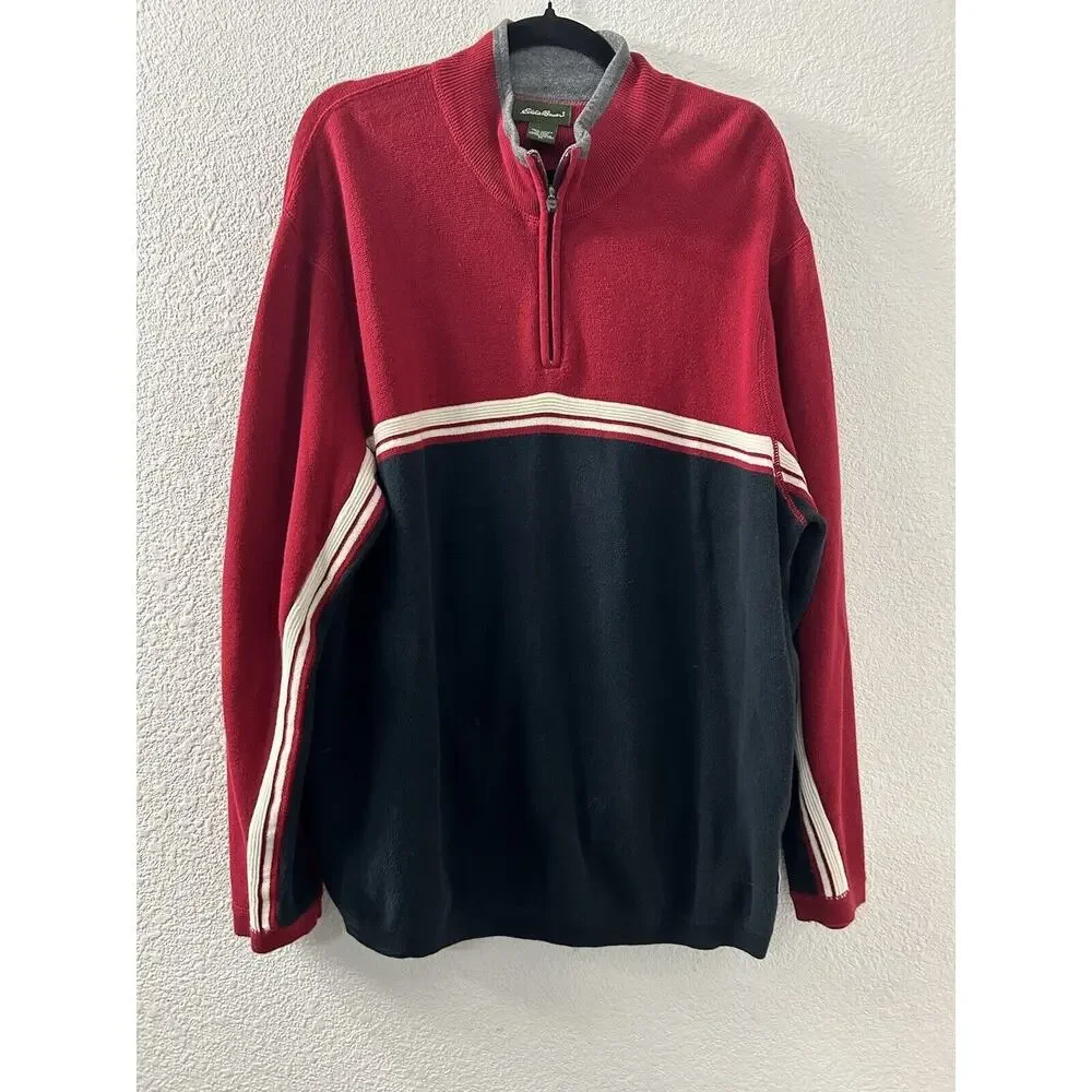 Eddie Bauer Mens Sweater Pullover Long Sleeve 1/4 Zip Red Blue Size XL CabinCore